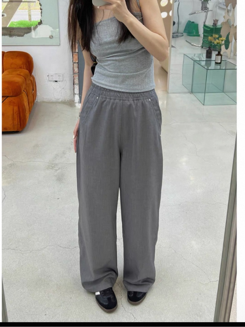 Wide Leg Elastic Waist Pants - Gray